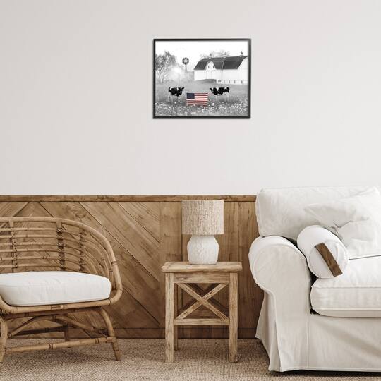 Stupell Industries Americana Barn Country Cows Flag Framed Giclee Art